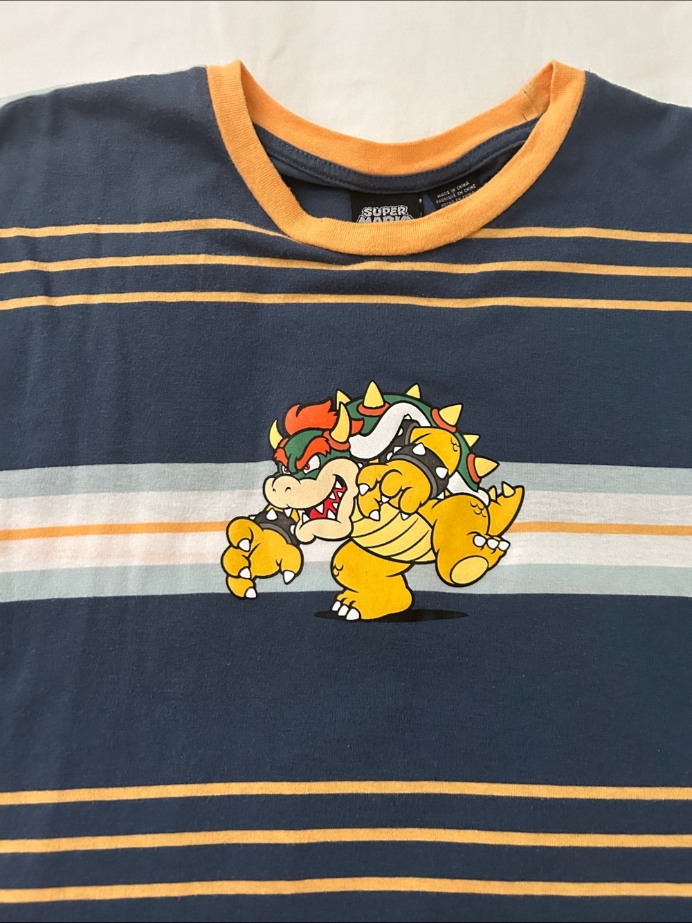 Box Lunch Navy Blue Striped Bowser Graphic Crewneck T-Shirt - Picture 3 of 4